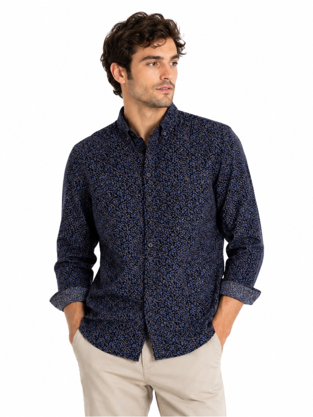 Denim & Flower Blue Floral Slim Fit Casual Button Down Dress Shirt Medium